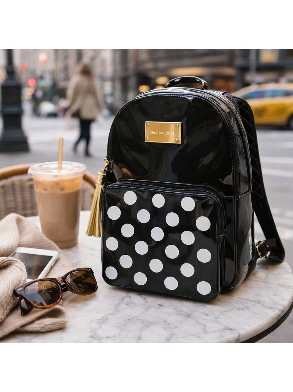 🖤 Petite Jolie Black Polka Dot Backpack – Glossy Finish
